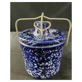 Blue White Stoneware Glazed Crock Metal Locking