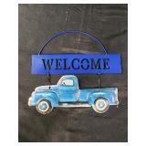 Blue truck welcome sign metal 9x9