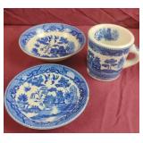 Blue Willow saucer, cup and small bowl made in