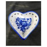 Heart shaped blue and white ceramic trinket dish