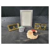 Small picture frames,  santa brooch, cat teapot