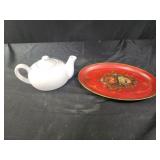 vintage red coral oval Toleware tray 10" , small