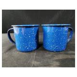 2 blue enamel speckleware cups mugs vtg