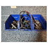 3 plastic bins with assorted bolts, screws,