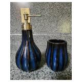 Blue ceramic soap dispenser and cup