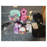 Assorted kids toys, knee pads,, bags, glue sticks