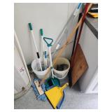 Brooms and dust pans, 2 buckets