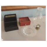 Oil globe, small wood trinket box, vintage door