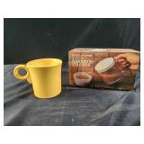 Yellow fiesta ware mug. 2 cup separator strainer