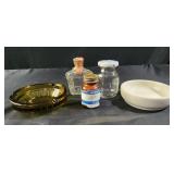 Amber ashtray, vtg bottles. Sterling China small
