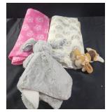 2 baby blankets, bunny toy, Wachovia dog