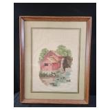 Embroidered water mill scene 16x21