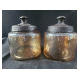 2 hammered round glass amber jars with lids 5.5'