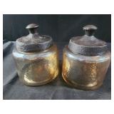 2 hammered round glass amber jars with lids 5.5'