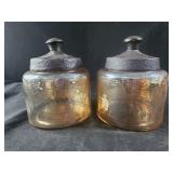 2 hammered round glass amber jars with lids 5.5'