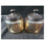 2 hammered round glass amber jars with lids 5.5'