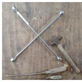 Lug wrench, ball peen hammer and screw drivers