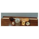 Small clock, pin cushion, curtain rod and