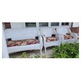 White wicker patio set, bench seat, 2 chairs and