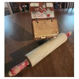 Vintage red handle rolling pin and recipe holder
