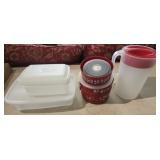 Plastic containers and bowls and pitcher