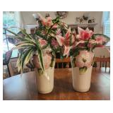 Two 12" ceramic floral vases with faux flowers