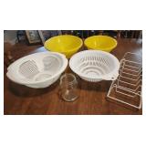 Strainers, bowls, and lid rack, glass jar