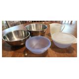 Tupperware bowls, stainless bowls, measuring cup