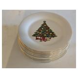 8 Gold Rimmed Christmas Tree Plates 10.5" Wide