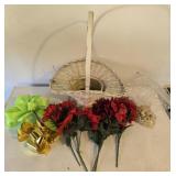 Basket w/ Artificial Flowers, Bows & Beads