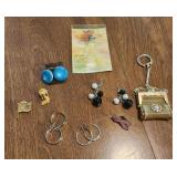 Earrings, pins, lil purse keychain