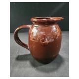 Vtg. Brown Glazed Clay Pottery Pitcher, 6" H,