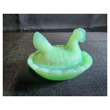 Mini jadeite green glass "Hen on Nest" salt