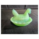 Mini jadeite green glass "Hen on Nest" salt