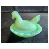 Mini jadeite green glass "Hen on Nest" salt