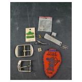 Belt buckle, fisherman pin, archery patch, watch
