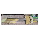 Vintage metal dustpan, Swiffer, broom and flag