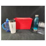 Red 12x7 basket and assorted water bottles,