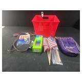 Red plastic box, mini flags, forks stickers,