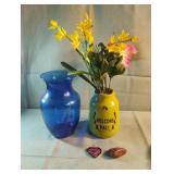 Welcome Fall vase with flowers, blue vase, rock
