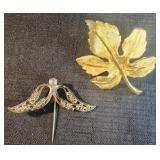 Goldtone leaf brooch, angel wings pin