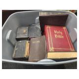 Tote of vintage bibles, 1 dictionary, Bible study
