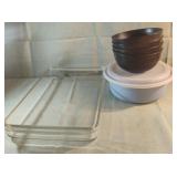 Pyrex dish, plastic bowl with lid and plastic