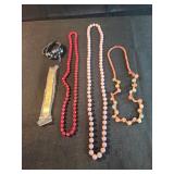3 necklaces, bracelet and goldtone watch band