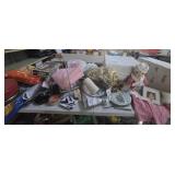 Table Lot of Goodies, tins, craft supplies,