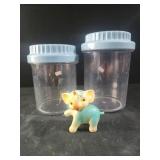 2 plastic containers with blue lids vtg rubber