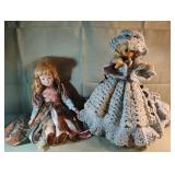 Vintage handmade crocheted doll and a porcelain