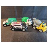 Trash trucks, police car, cement truck, toys