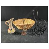 Miniature Black Metal Wire Cart, porcelain vase