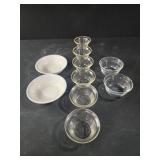 2 small white Corelle bowls, 6 glasbake custard
